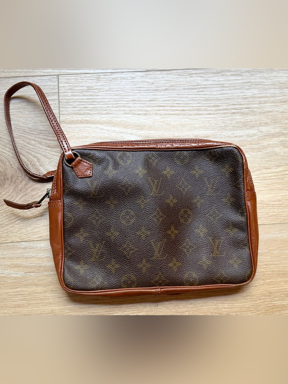 Louis Vuitton Monogram Wristlet Pouch with Tan Leather Trim